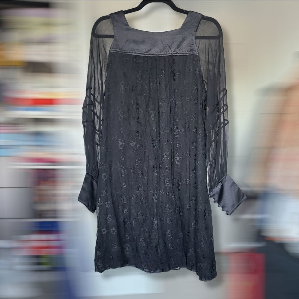 ABS Collection 100% Silk Embroidered Long Sleeve Babydoll Black Classic Dress